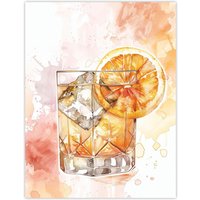 Artery8 Classic Old Fashioned Cocktail Orange Watercolour Wall Art Print | Size: W12" x H16"