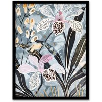 Artery8 Orchid Flowers Artwork Exotic Dark Floral Bloom Framed Art Print in Blue | Size: A4
