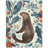 Artery8 Cute Scandi Rustic Otter Botanical Flowers Wall Art Print in Blue | Size: W24" x H32"