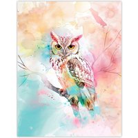 Artery8 Owl on Branch Portrait Pastel Rainbow Watercolour Wall Art Print | Size: W12" x H16"