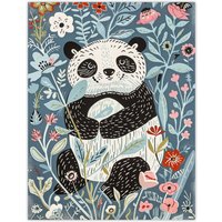 Artery8 Cute Baby Panda in Flower Patch Floral Quirky Wall Art Print in Blue | Size: W24" x H32"