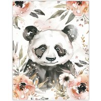 Artery8 Sweet Panda Watercolour Portrait Wildflowers Cute Wall Art Print in Grey | Size: W12" x H16"