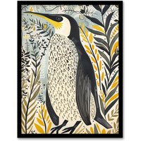 Artery8 Rustic Penguin Quirky Botanical Animal Portrait Framed Art Print in Yellow | Size: A4