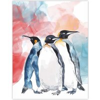 Artery8 Three Penguins Colourful Animal Watercolour Wall Art Print | Size: W18" x H24"