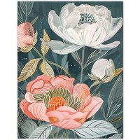 Artery8 Red White Peonies in Bloom Artwork Wildflowers Wall Art Print in Blue | Size: W18" x H24"