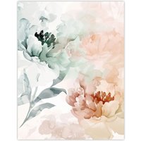 Artery8 Peony Flowers Teal Blue Pink Light Watercolour Wall Art Print | Size: W12" x H16"