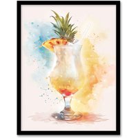 Artery8 Pina Colada Pineapple Slice Cocktail Watercolour Framed Art Print in Yellow | Size: W12" x H16"