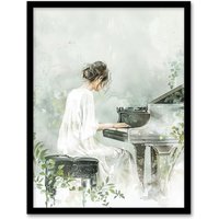 Artery8 Pianist Playing Piano Misty Forest Watercolour Framed Art Print in Green | Size: W12" x H16"
