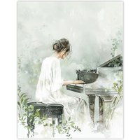 Artery8 Pianist Playing Piano Misty Forest Watercolour Wall Art Print in Green | Size: W12" x H16"