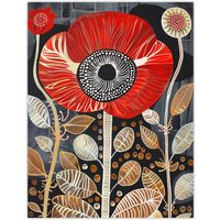 Artery8 Poppy Flower Red Gold Grey Modern Folk Art Wall Art Print | Size: W12" x H16"