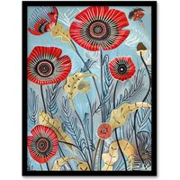 Artery8 Poppy Flowers Modern Folk Art Painting Quirky Framed Art Print in Blue | Size: W12" x H16"