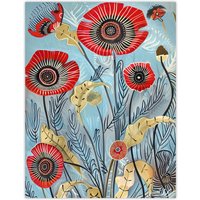 Artery8 Poppy Flowers Modern Folk Art Painting Quirky Wall Art Print in Blue | Size: W12" x H16"