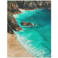 Artery8 Porthcurno Beach Cliffs Aerial View Landscape Wall Art Print in Blue | Size: W18" x H24"
