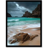 Artery8 Porthcurno Beach Cliffs Dramatic Landscape Framed Art Print in Blue | Size: A4