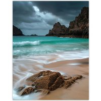 Artery8 Porthcurno Beach Cliffs Dramatic Landscape Wall Art Print in Blue | Size: W24" x H32"