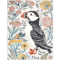 Artery8 Cute Puffin Bird & Floral Pattern Design Wall Art Print in White | Size: W12" x H16"