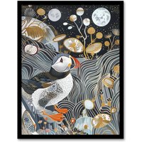 Artery8 Stylised Puffin Full Moon Flower Field Abstract Framed Art Print in Dark Blue | Size: A4