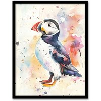 Artery8 Cute Puffin Bird Colourful Watercolour Portrait Framed Art Print in White | Size: A4
