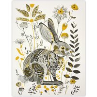 Artery8 Bunny Rabbit Flowers Yellow Grey Bright Folk Art Wall Art Print | Size: W18" x H24"