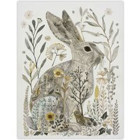 Artery8 Bunny Rabbit Flowers Grey Yellow Bright Folk Art Wall Art Print | Size: W12" x H16"