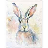 Artery8 Colourful Bunny Rabbit Light Watercolour Painting Wall Art Print in White | Size: W18" x H24"