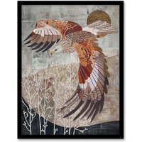 Artery8 Red Kite in Flight Stylised Animal Painting Framed Art Print in Grey | Size: W12" x H16"