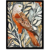 Artery8 Red Kite on Tree Branch Watercolour Portrait Framed Art Print | Size: A4