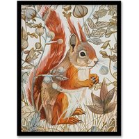 Artery8 Red Squirrel Woodland Forest Floor Bright Framed Art Print in Brown | Size: A4
