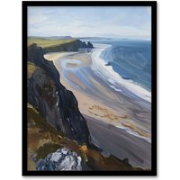 Artery8 Rhossili Bay Coastal Cliff Landscape Oil Painting Framed Art Print in Blue | Size: A4