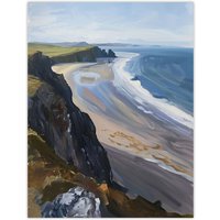 Artery8 Rhossili Bay Coastal Cliff Landscape Oil Painting Wall Art Print in Blue | Size: W12" x H16"