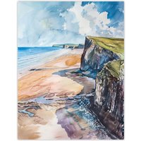 Artery8 Rhossili Bay Coastal Cliff Landscape Watercolour Wall Art Print in Blue | Size: W18" x H24"