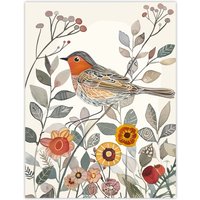 Artery8 Robin Bird Garden Flowers Bright Folk Art Wall Art Print | Size: W12" x H16"