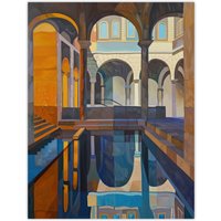 Artery8 Roman Bath Architecture Water Reflection Painting Wall Art Print | Size: W12" x H16"