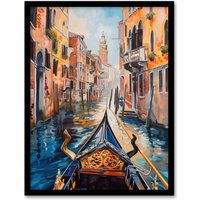 Artery8 Venice Canal Gondola Ride View Oil Painting Framed Art Print | Size: A4