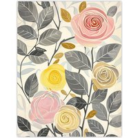 Artery8 Rose Flowers Pink Yellow Grey Bright Design Wall Art Print | Size: W24" x H32"