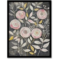 Artery8 Rose Flowers Pink Grey Folk Art Patterns Framed Art Print | Size: A4