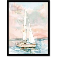 Artery8 Sailboat Early Morning Seascape Watercolour Framed Art Print in Pink | Size: W12" x H16"