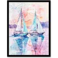 Artery8 Sailboats at Sunset Seascape Watercolour Painting Framed Art Print | Size: A4