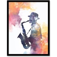 Artery8 Saxophone Jazz Musician Orange Purple Watercolour Framed Art Print | Size: A4