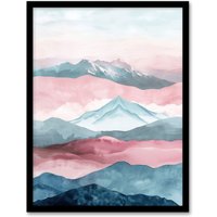 Artery8 Mountain Range Morning Fog Pink Blue Watercolour Framed Art Print | Size: A4
