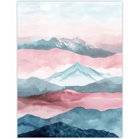 Artery8 Mountain Range Morning Fog Pink Blue Watercolour Wall Art Print | Size: W24" x H32"