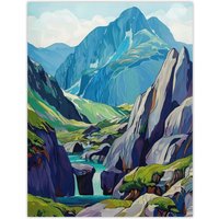 Artery8 Snowdonia National Park Wales Landscape Painting Wall Art Print in Blue | Size: W18" x H24"