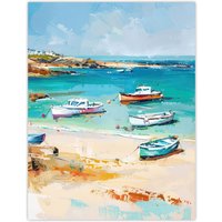 Artery8 Sandy Beach Bay Fishing Boats Coastal Landscape Wall Art Print in Blue | Size: W18" x H24"