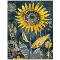 Artery8 Mandala Pattern Orange Blue Sunflower Design Wall Art Print in Yellow | Size: W18" x H24"