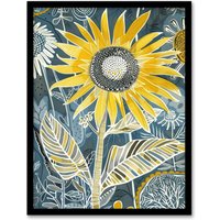 Artery8 Sunflower Blue Yellow Inverted Line Quirky Art Framed Art Print | Size: A4