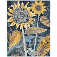Artery8 Stylised Sunflower Yellow Blue Pattern Painting Wall Art Print | Size: W18" x H24"