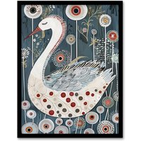 Artery8 Cute Abstract Swan Floral Blue Red White Painting Framed Art Print | Size: W12" x H16"