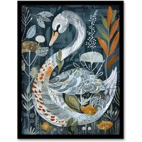 Artery8 Stylised Nature Pattern Swan Folk Art Painting Framed Art Print in Blue | Size: W12" x H16"