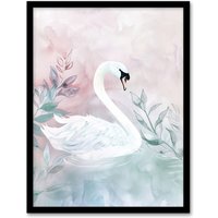 Artery8 Lake Swan Pink Green Light Watercolour Painting Framed Art Print | Size: W12" x H16"