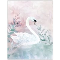 Artery8 Lake Swan Pink Green Light Watercolour Painting Wall Art Print | Size: W18" x H24"